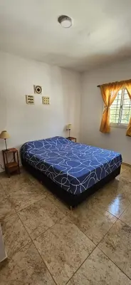 a large bed in a room with a blue comforter at Flor del Aromito in Alta Gracia