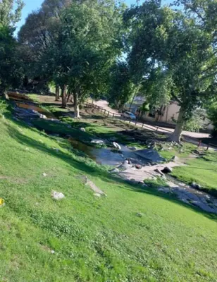a river in a park with trees and grass at Flor del Aromito in Alta Gracia