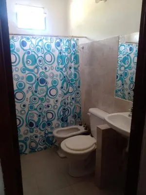 a bathroom with a toilet and a shower curtain at Mirando sierra in Bialet Massé