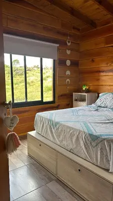 a bedroom with a bed in a wooden cabin at LaJu in Villa Yacanto