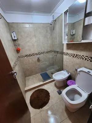 a bathroom with a toilet and a shower at Lago los Molinos Punto Claro villa Silvestre depto 2 dorm y cochera in Villa Ciudad Parque