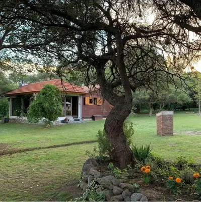 a house with a tree in front of a yard at La Almenara Lodge in Villa General Belgrano