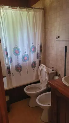 a bathroom with a toilet and a shower curtain at Cabañas Lothlorien in Villa Yacanto