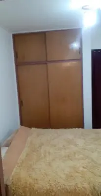 a bedroom with a bed and a wooden closet at Super Depto Balcarce 455 in Cordoba