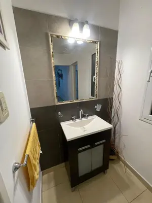 a bathroom with a sink and a mirror at La Emilia in Las Rabonas
