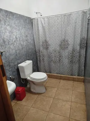 a bathroom with a toilet and a shower curtain at Cabaña los cuates in Villa Ciudad Parque