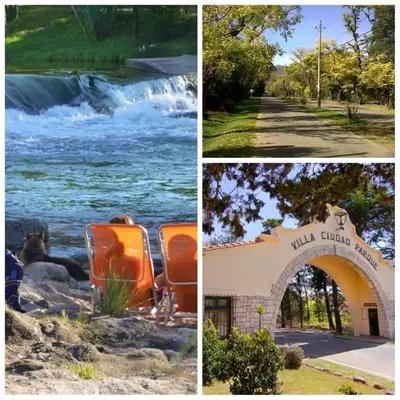 a collage of three pictures of a river and a building at Cabaña los cuates in Villa Ciudad Parque