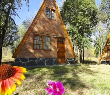 a small house with a flower in front of it at Cabañas Valle Dorado in Villa Rumipal
