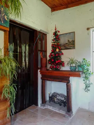 a christmas tree in a room with a fireplace at Casa VD in Santa Rosa de Calamuchita