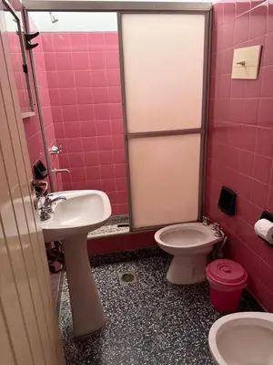 a pink bathroom with a sink and a toilet at Nuevo complejo Clarita in Villa Carlos Paz