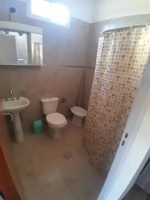 a bathroom with a toilet and a sink and a shower at Complejo Las Liebres in San Lorenzo