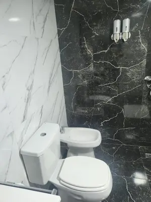a bathroom with a white toilet and a marble wall at Hotel El Paraiso Boutique in Villa Carlos Paz