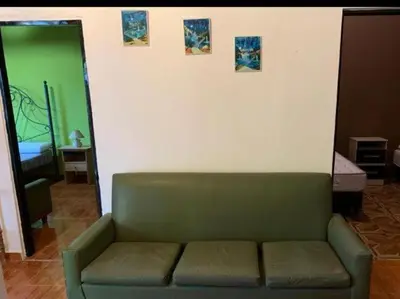 a green couch in a living room with a mirror at Casa D&M in Mina Clavero