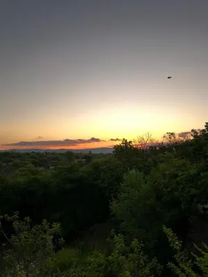 a sunset in the sky over a forest of trees at La casona del rio in Nono