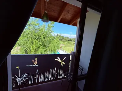 a window in a room with a view of a garden at Valle Serrano in Mina Clavero