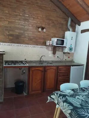 a kitchen with a sink and a microwave at Cabañas Franca Austral in Santa Rosa de Calamuchita