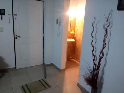 a hallway with a door and a plant in a vase at Carlos paz tower in Villa Carlos Paz