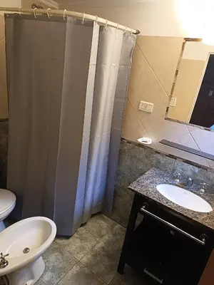 a bathroom with a shower and a sink and a toilet at Sonidos del Rio Aparts in Santa Rosa de Calamuchita