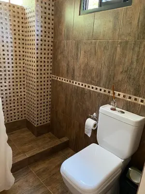 a bathroom with a white toilet and wooden walls at Cabaña Rubí, Complejo El Colibrí in Villa del Dique
