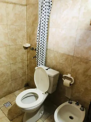 a bathroom with a toilet and a shower at Cabañas Mi Ángel in Villa Cura Brochero