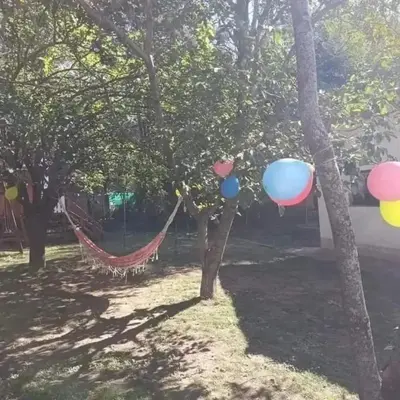 a hammock in a yard with trees and balloons at Chalet los aromos in Villa Los Aromos