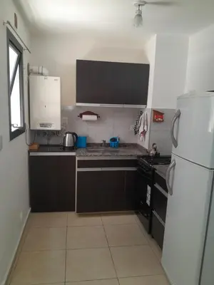 a kitchen with black cabinets and a white refrigerator at Abuela Betty in Villa Carlos Paz