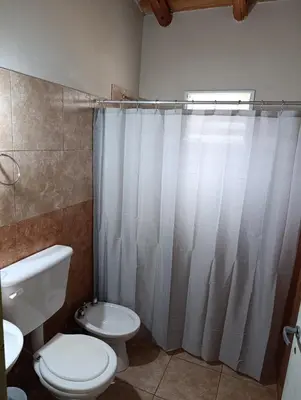 a bathroom with a toilet and a shower curtain at Complejo La Luisina in Mina Clavero