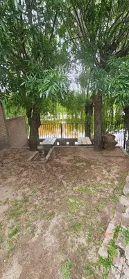 a park bench sitting under two trees in a yard at Departamentos Las Termas de Brochero in Villa Cura Brochero