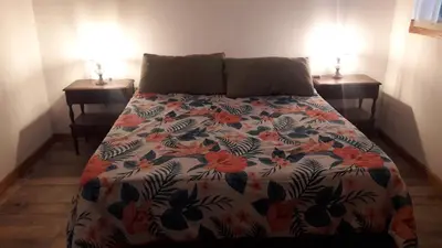 a bed with a flowered comforter and two nightstanduments at La arbolada in Villa Ciudad Parque