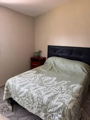 a bedroom with a bed with a white comforter at Las Casitas de Euge in Villa Carlos Paz