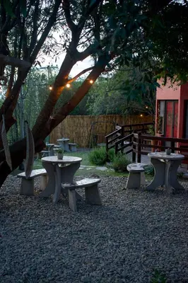 a group of picnic tables and benches under a tree at Posada serrana boutique con excelentes vistas cerca de arroyos y senderos y a 5 minutos de Merlo in El Rincón