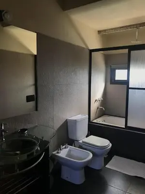 a bathroom with a sink and a toilet and a mirror at Departamento Los Gigantes in Villa Carlos Paz