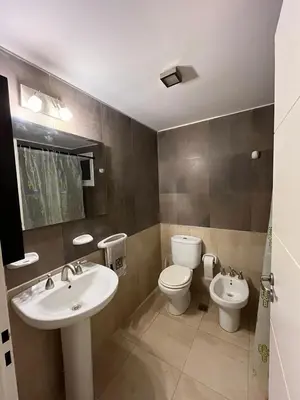 a bathroom with a sink and a toilet and a mirror at Departamento amoblado 1 dormitorio Río 4 in Río Cuarto