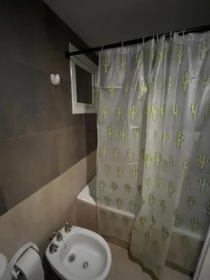 a bathroom with a shower curtain with a toilet and a sink at Departamento amoblado 1 dormitorio Río 4 in Río Cuarto