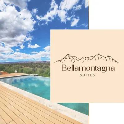 a collage of photos of a swimming pool and a mountain at Bellamontagna Suites in Mina Clavero