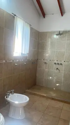 a bathroom with a shower and a toilet and a sink at Cabaña Aguaribay in Mina Clavero