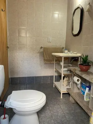 a bathroom with a toilet and a sink and a mirror at La Roca in Estancia Vieja