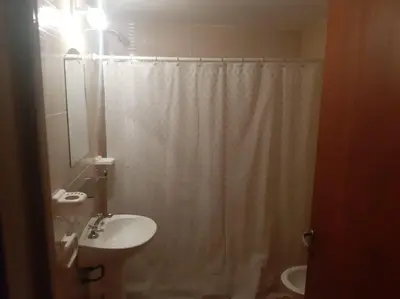 a bathroom with a sink and a shower curtain at El Cabañal in Mina Clavero