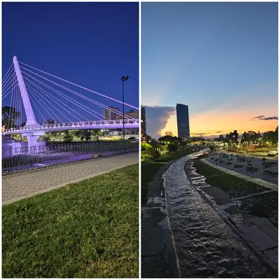 two pictures of a bridge at night with a city at Terrazas de San Juan in Cordoba