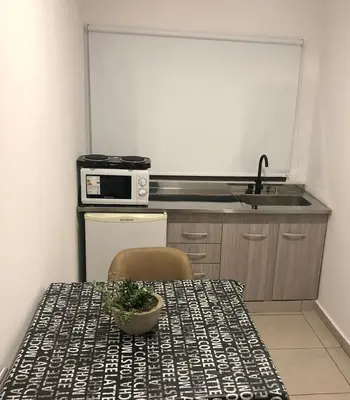 a kitchen with a table with a potted plant on it at Terra Bella PA in Villa Carlos Paz