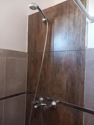 a shower in a bathroom with a wooden wall at 2 Dormitorios y pileta in Villa Anizacate