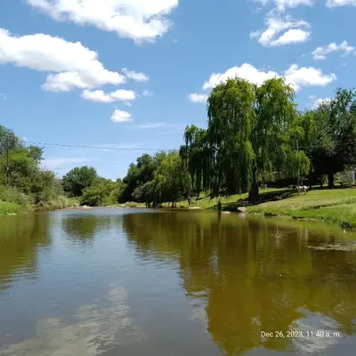 a river in a park with trees and clouds in the sky at Cabaña del mallin in Bialet Massé