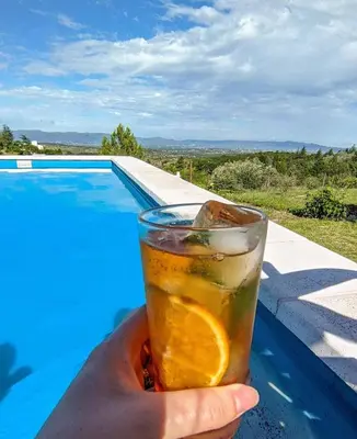 a hand holding a drink with an orange slice at Alta vista casa de campo Tanti in Tanti