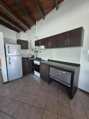 a kitchen with brown cabinets and a white refrigerator at Departamento Claudio in Villa Carlos Paz