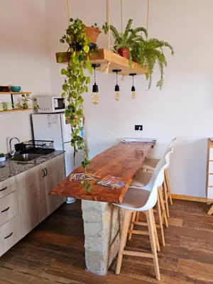 a kitchen with a wooden table and some plants at Complejo Falda del Sauce in Villa General Belgrano