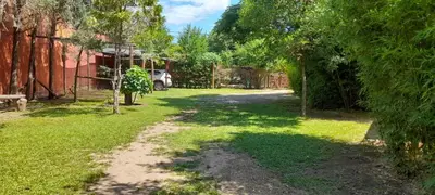 a yard with trees and a dirt road at Cabañas Rio de Oro in Mina Clavero