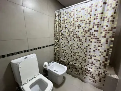 a bathroom with a toilet and a shower curtain at Departamento opera torre 3 in Villa Carlos Paz