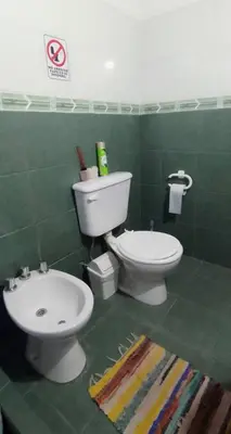 a green bathroom with a toilet and a sink at Cabaña particular no complejo in Santa Rosa de Calamuchita
