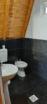 a bathroom with a white toilet and a sink at Cabañas Alpinas M y M in Bialet Massé