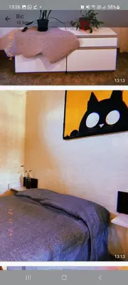 two pictures of a bedroom with a bed and a cat picture at Departamento katzen in Alta Gracia